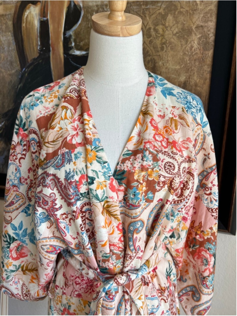 Women's ZARA Floral Paisley Patchwork Robe White Multicolor XS but fits XS S M L - Picture 2 of 10
